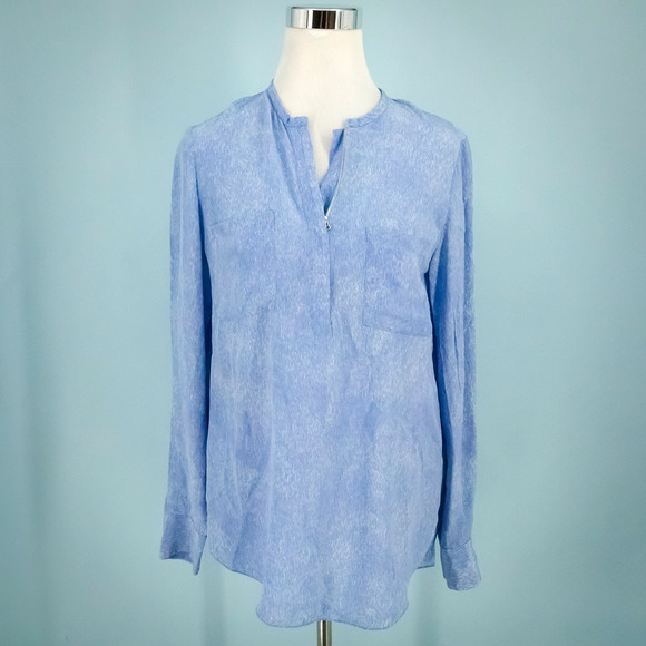 3.1 Phillip Lim Size 4 Blue Print Split V Neck Long Sleeve 100% Silk Tunic Top - Picture 1 of 6